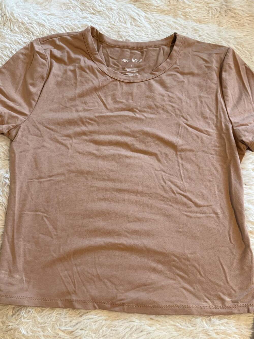 Pink Rose T-Shirt Size L Brown Short Sleeve Basic Tee stretch fabric